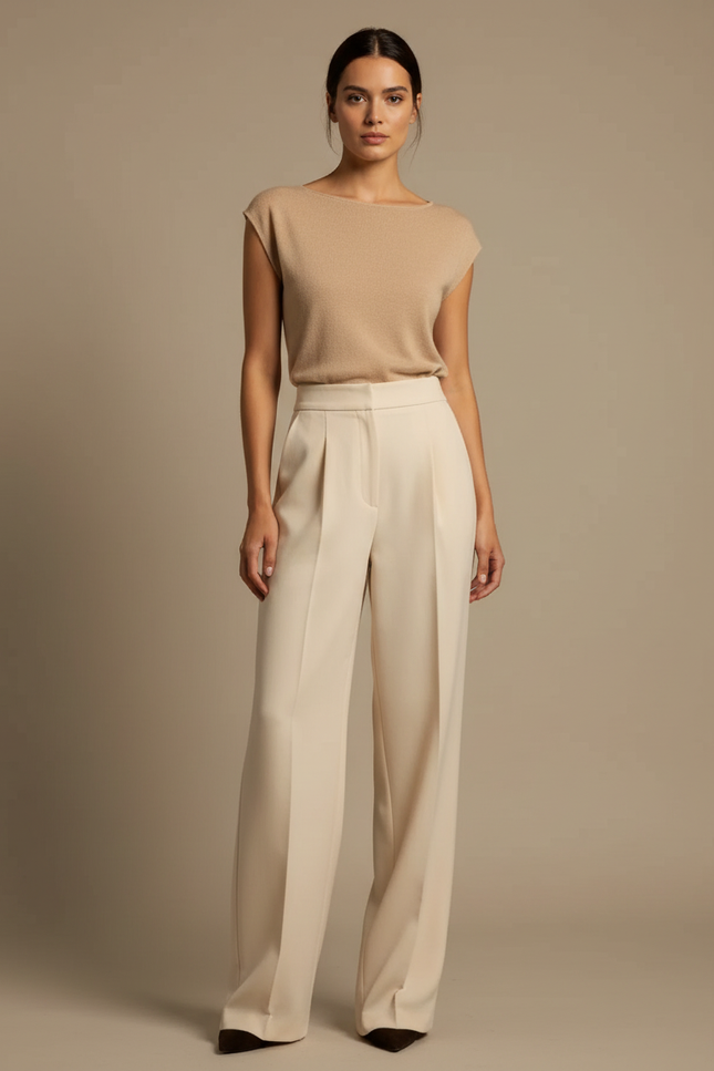 Pantalon Beige Plissé Taille Haute Ample Élégant Femme - Polyester