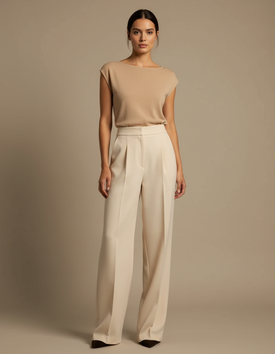Pantalon Beige Plissé Taille Haute Ample Élégant Femme - Polyester