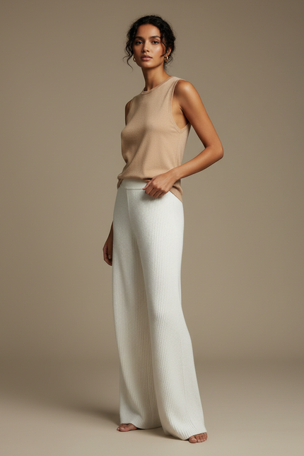 Pantalon Beige Côtelé Tricoté Ample Décontracté Élégant - Maille