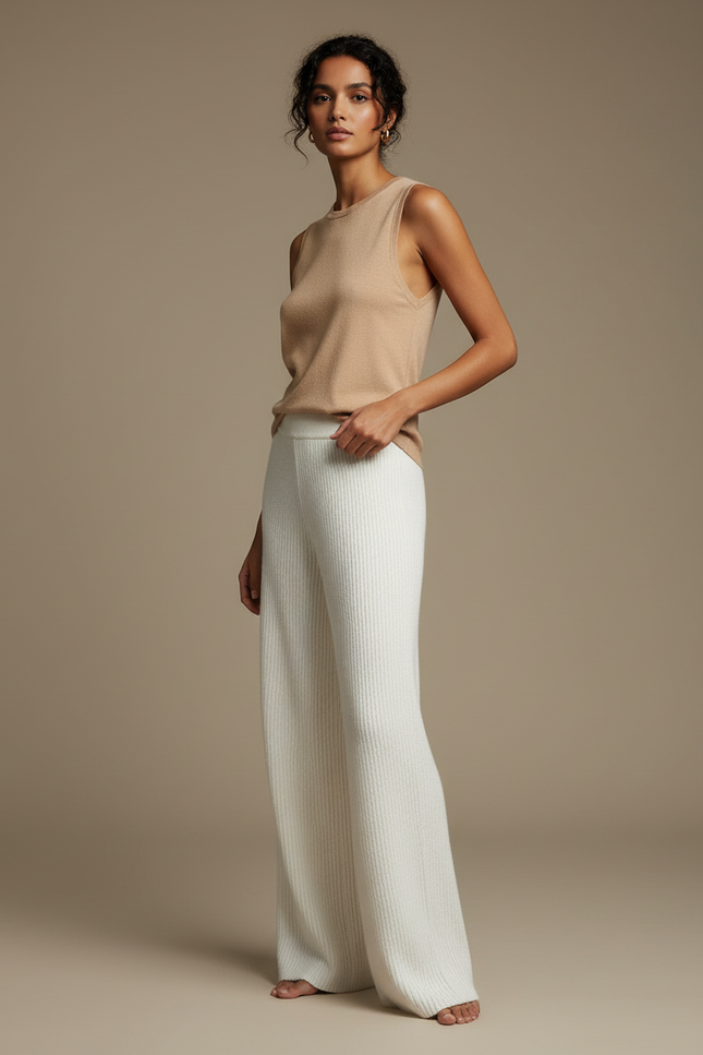 Pantalon Beige Côtelé Tricoté Ample Décontracté Élégant - Maille