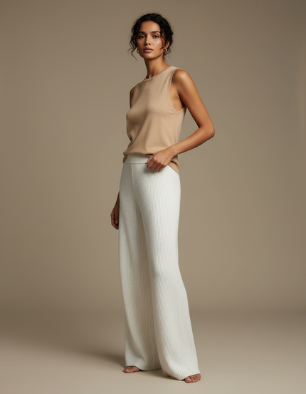 Pantalon Beige Côtelé Tricoté Ample Décontracté Élégant - Maille