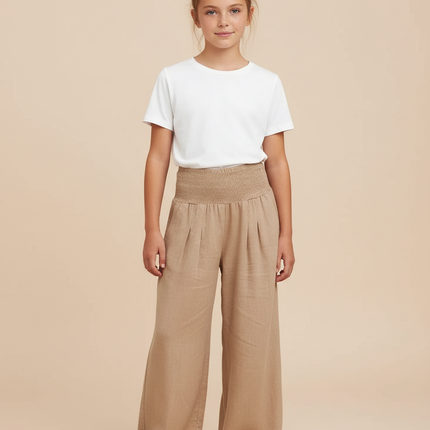 Pantalon Beige Ample Fluide Taille Haute Lin