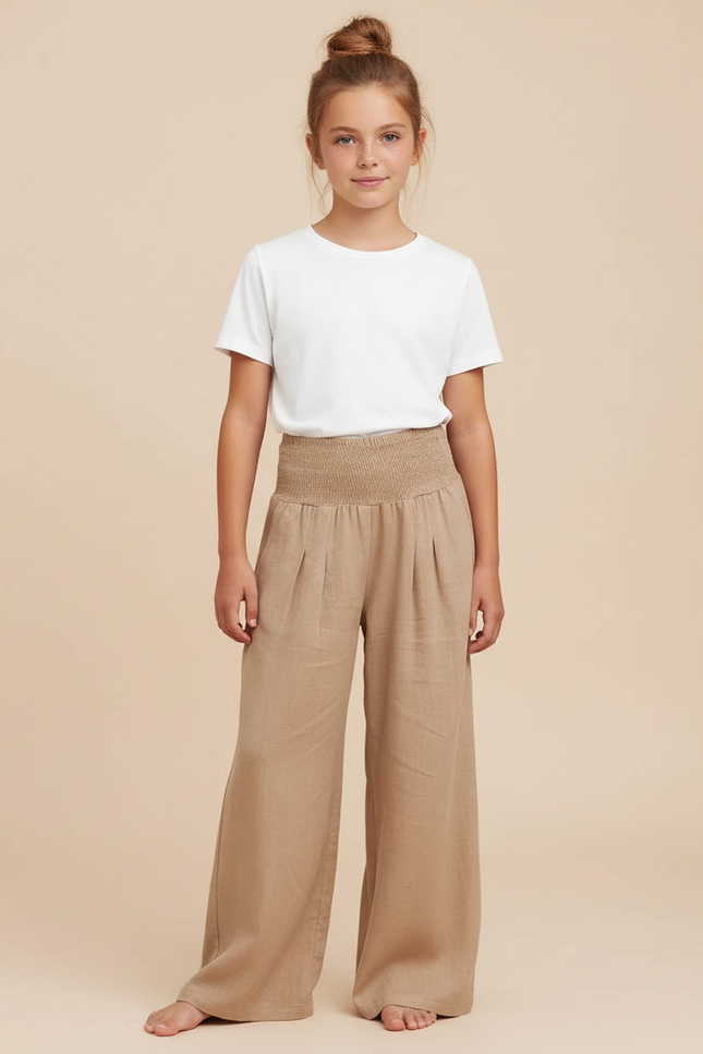 Pantalon Beige Ample Fluide Taille Haute Lin