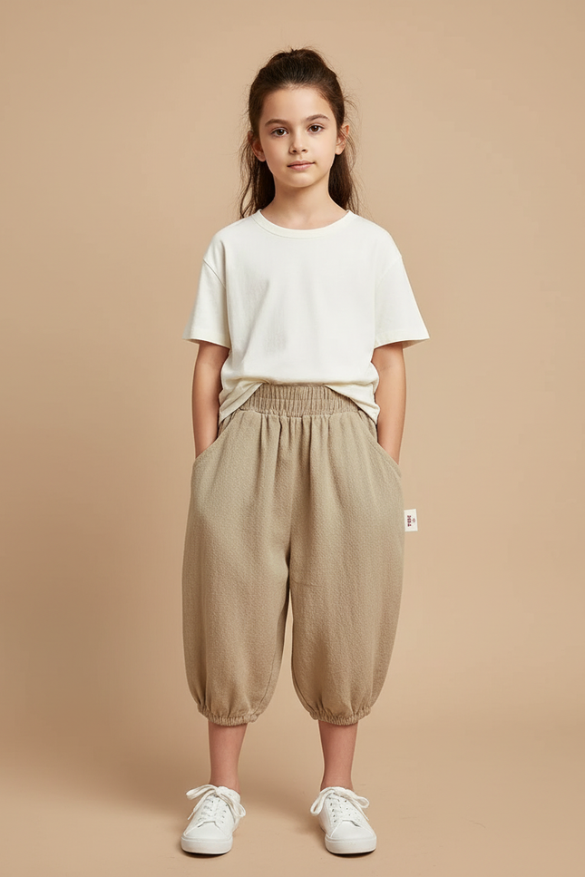 Pantalon Beige Coton Ample Élastique Enfant