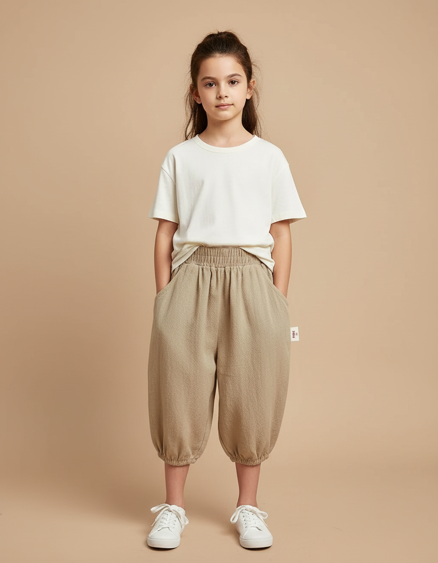 Pantalon Beige Coton Ample Élastique Enfant