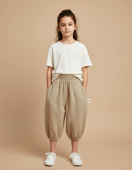 Pantalon Beige Coton Ample Élastique Enfant