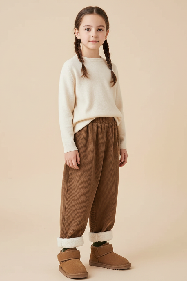 Pantalon Beige Côtelé Ample Molletonné Enfant Hiver - Marron Cordé
