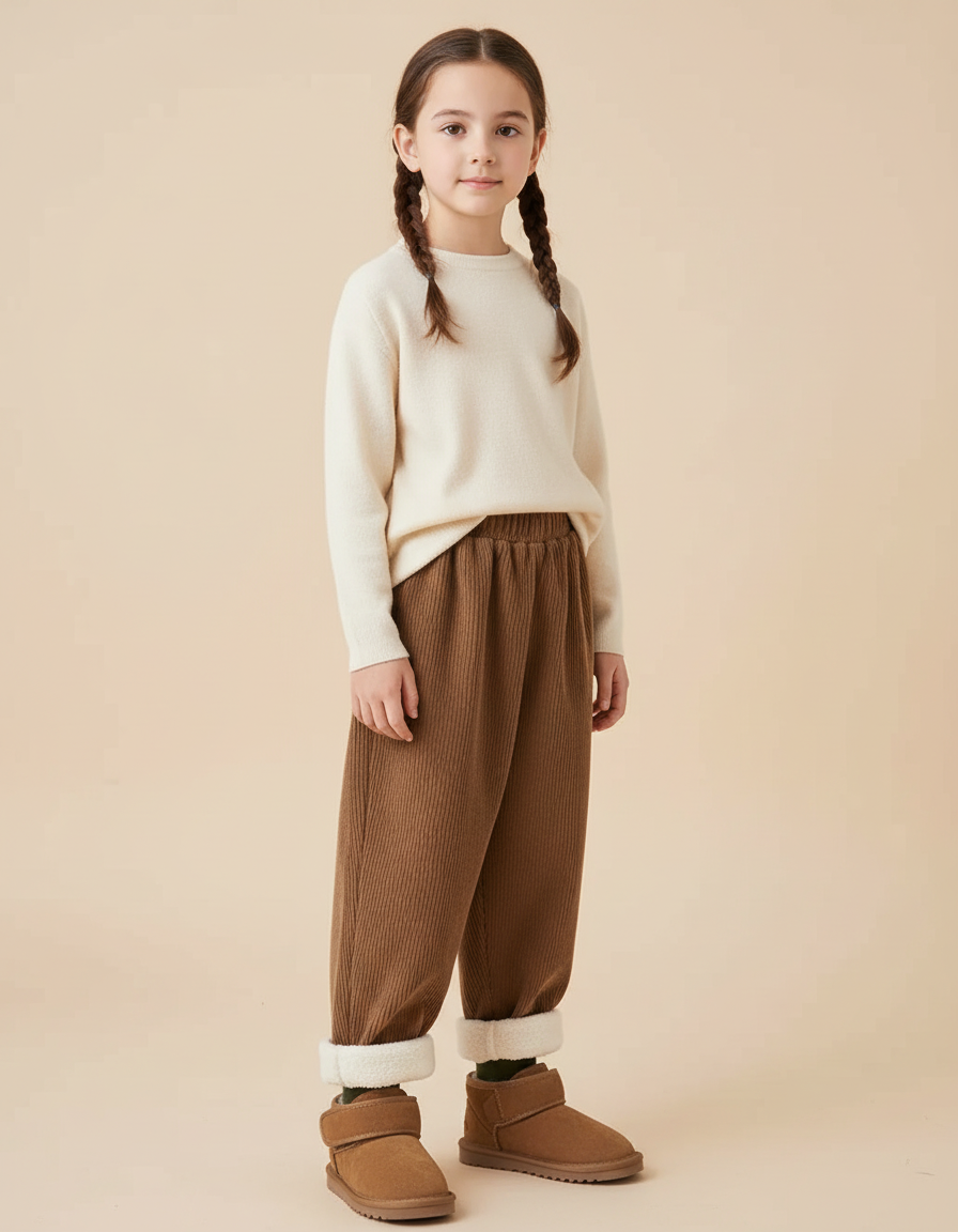 Pantalon Beige Côtelé Ample Molletonné Enfant Hiver - Marron Cordé