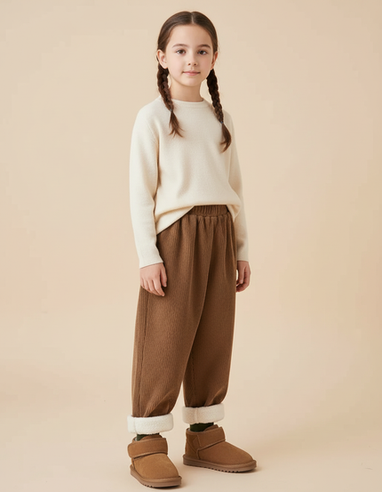 Pantalon Beige Côtelé Ample Molletonné Enfant Hiver - Marron Cordé