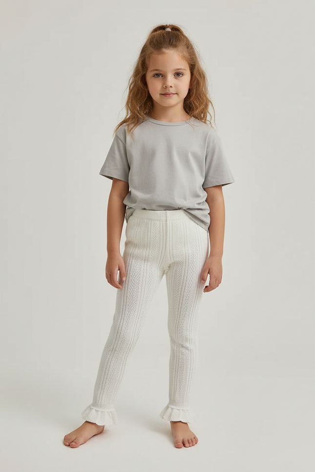 Pantalon Beige Tricoté Évasé Fille Mignon - Maille