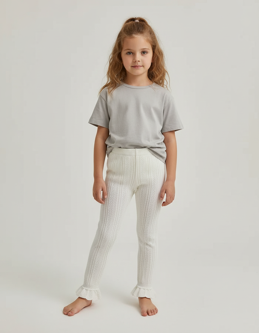 Pantalon Beige Tricoté Évasé Fille Mignon - Maille