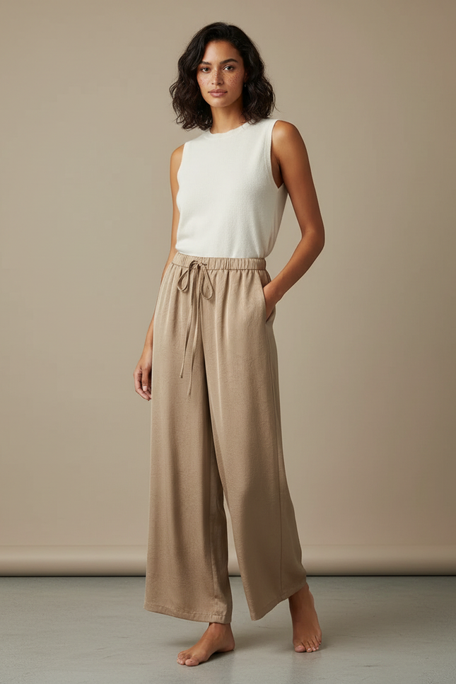 Pantalon Beige Fluide Satiné Ample Décontracté Cordon