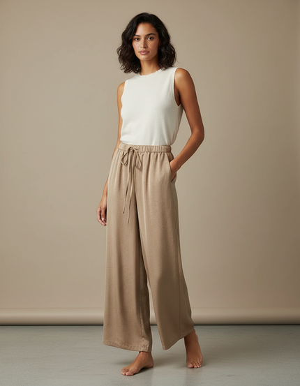 Pantalon Beige Fluide Satiné Ample Décontracté Cordon