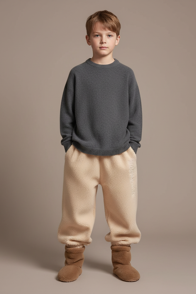 Pantalon Beige Molletonné Brodé Confortable Enfant