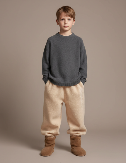 Pantalon Beige Molletonné Brodé Confortable Enfant