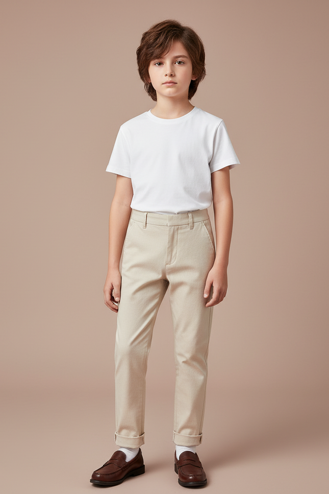 Pantalon Beige Droit Coton Garçon Élégant Décontracté - Gabardine