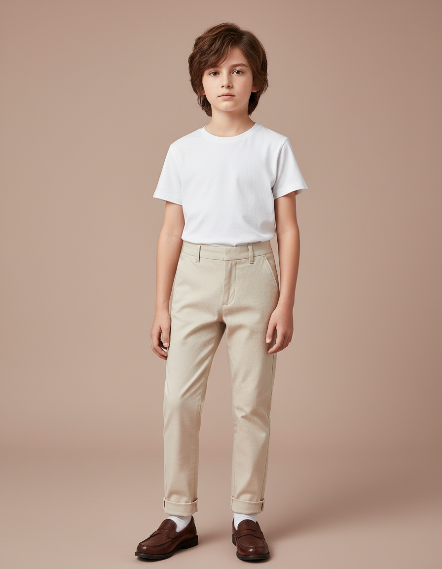 Pantalon Beige Droit Coton Garçon Élégant Décontracté - Gabardine