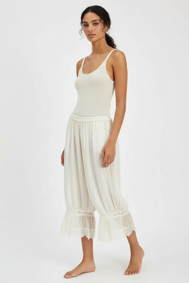 Pantalon Beige Ample Fluide Dentelle Femme - Viscose
