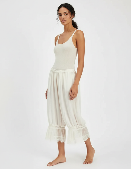Pantalon Beige Ample Fluide Dentelle Femme - Viscose