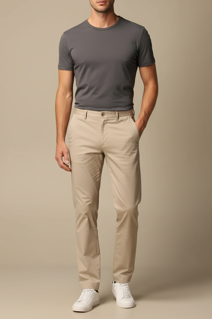 Pantalon Beige Coton Slim Homme Décontracté Uni