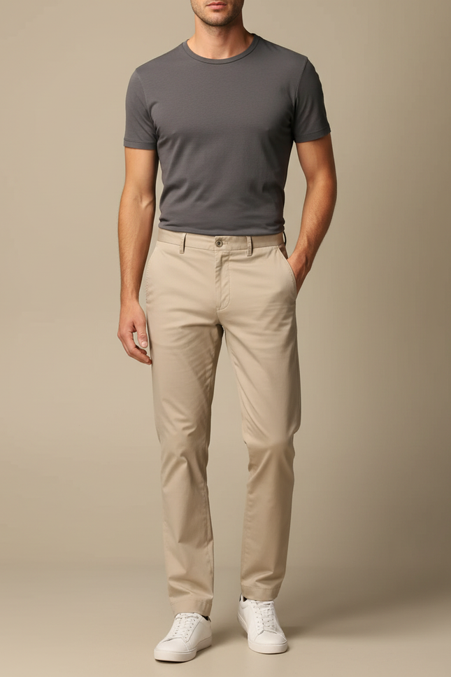 Pantalon Beige Coton Slim Homme Décontracté Uni