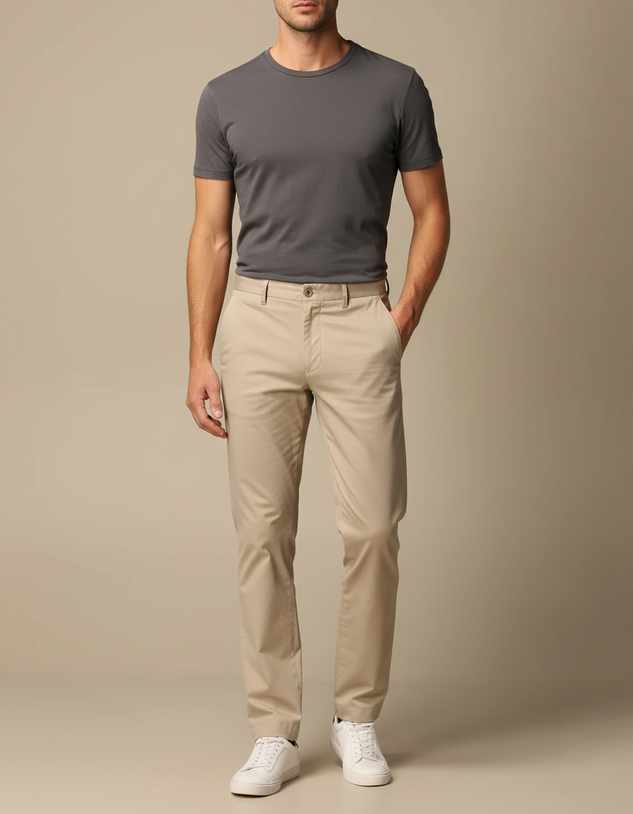 Pantalon Beige Coton Slim Homme Décontracté Uni