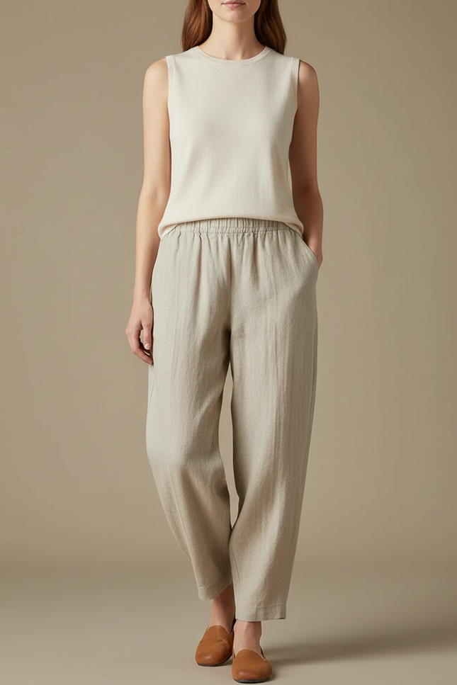Pantalon Beige Ample Lin Décontracté Femme