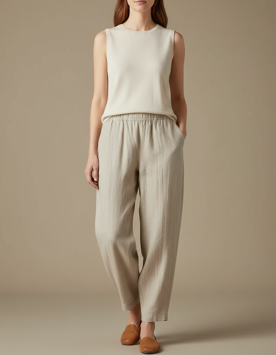Pantalon Beige Ample Lin Décontracté Femme