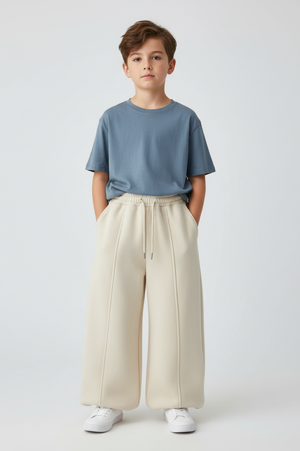 Pantalon Beige Large Molletonné Élastique Garçon Confortable