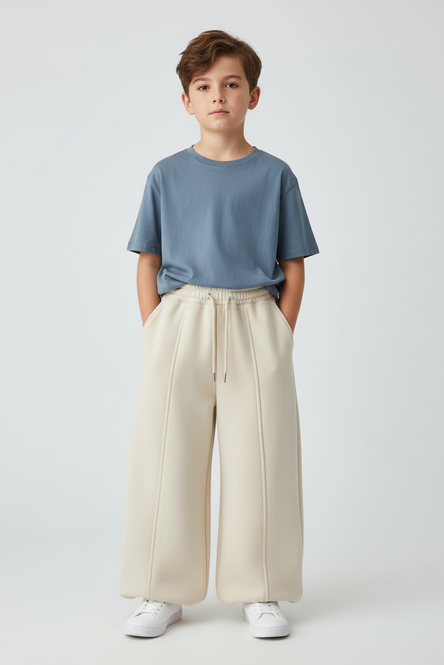 Pantalon Beige Large Molletonné Élastique Garçon Confortable