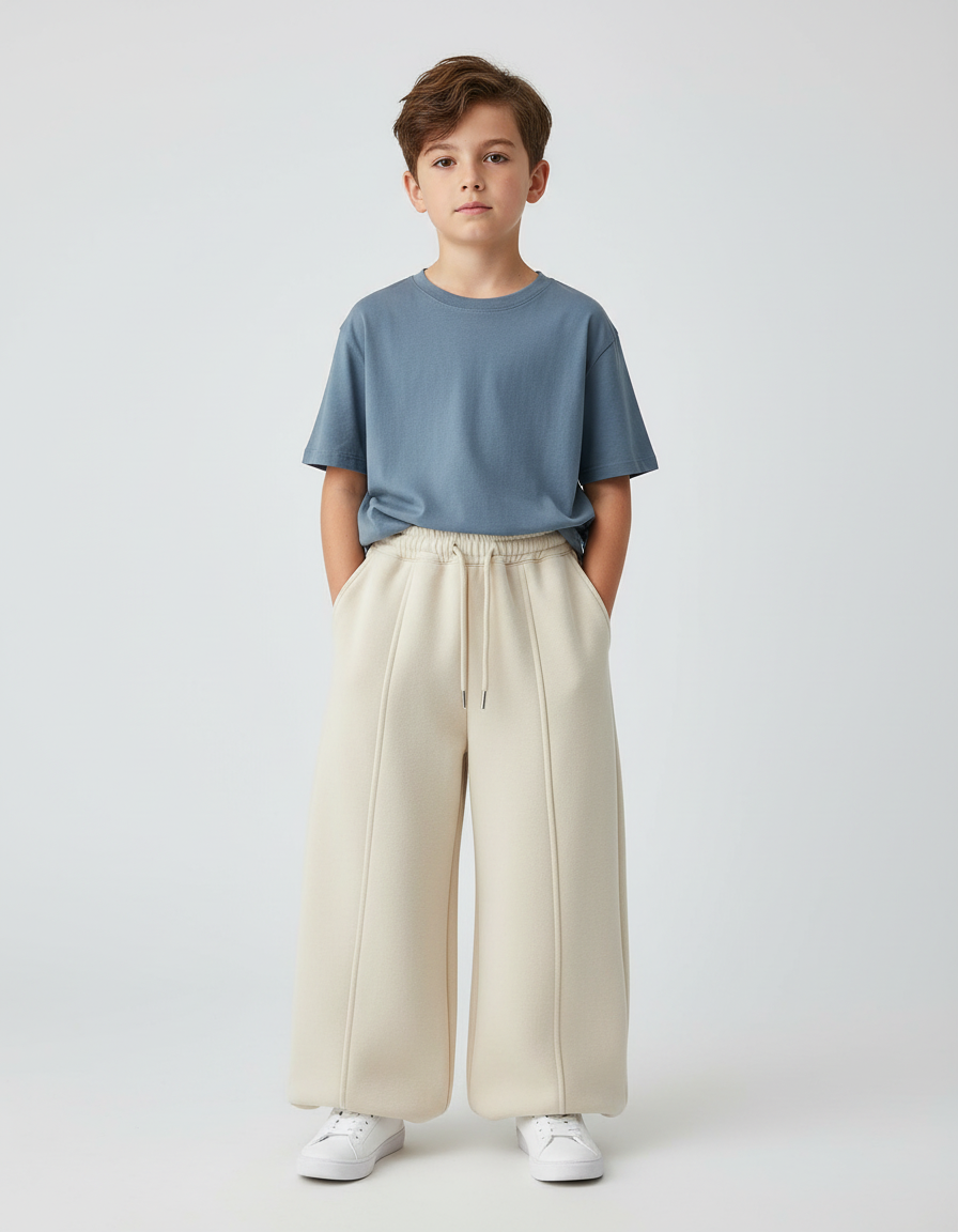 Pantalon Beige Large Molletonné Élastique Garçon Confortable