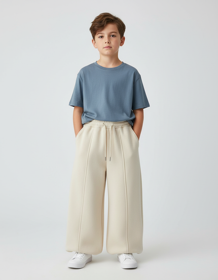 Pantalon Beige Large Molletonné Élastique Garçon Confortable