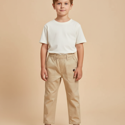 Pantalon Beige Enfant Coton Décontracté Élastique Brodé