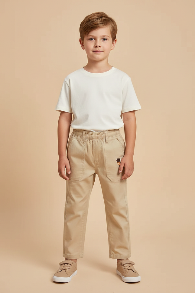 Pantalon Beige Enfant Coton Décontracté Élastique Brodé