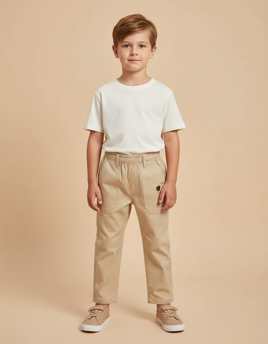 Pantalon Beige Enfant Coton Décontracté Élastique Brodé