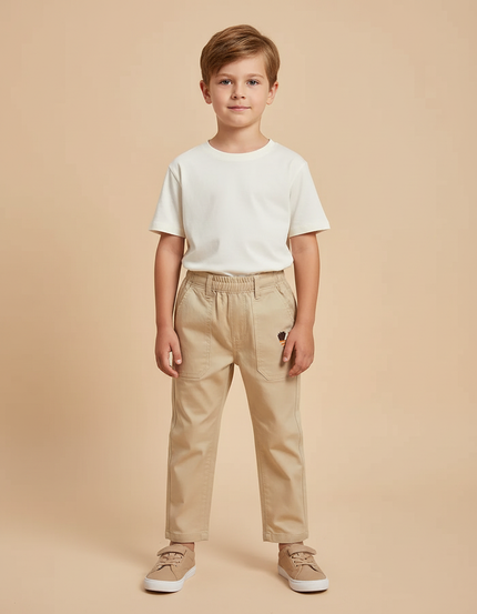 Pantalon Beige Enfant Coton Décontracté Élastique Brodé