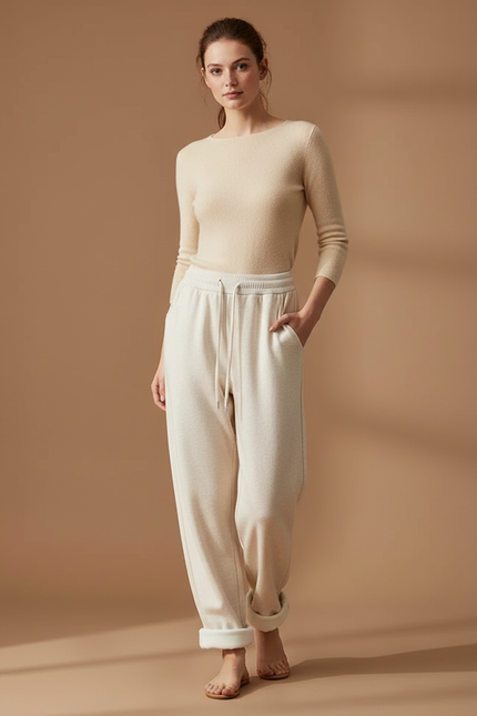 Pantalon Beige Molletonné Ample Décontracté Confortable Femme
