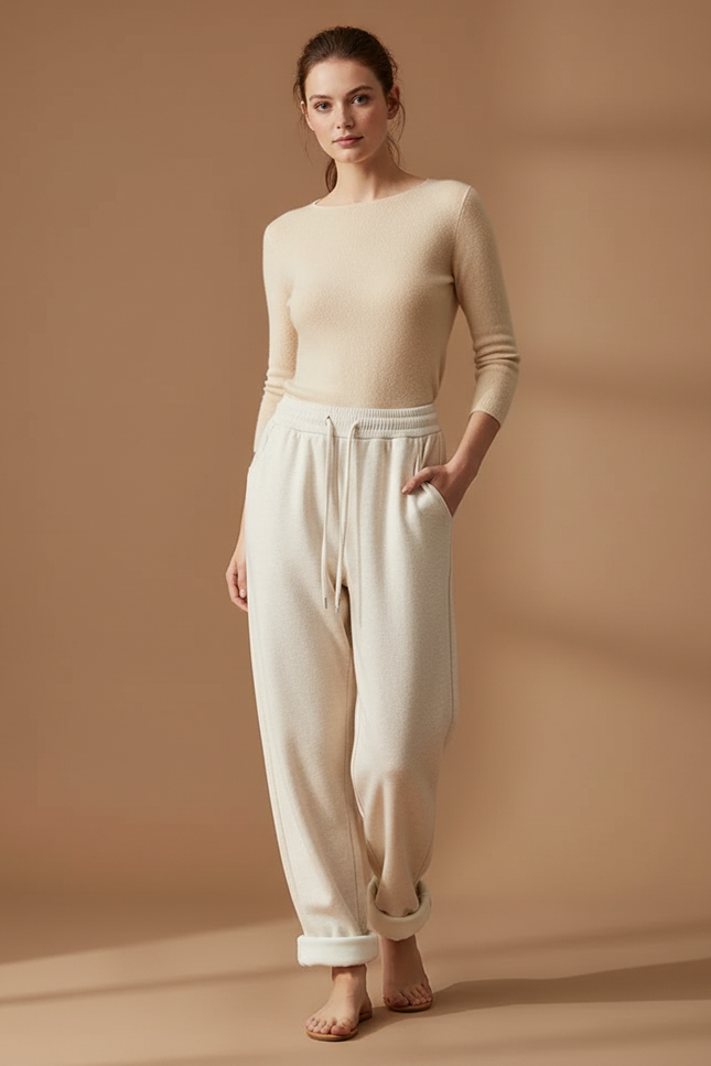 Pantalon Beige Molletonné Ample Décontracté Confortable Femme