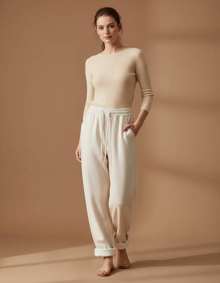 Pantalon Beige Molletonné Ample Décontracté Confortable Femme