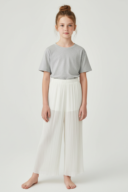 Pantalon Beige Plissé Ample Fluide Décontracté Fille - Blanc Polyester