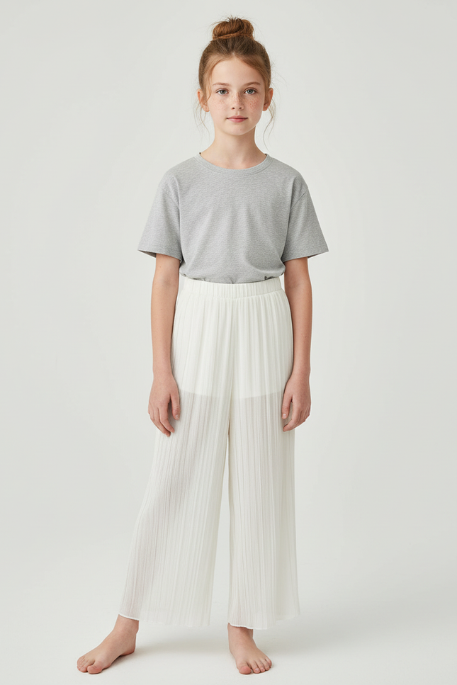 Pantalon Beige Plissé Ample Fluide Décontracté Fille - Blanc Polyester