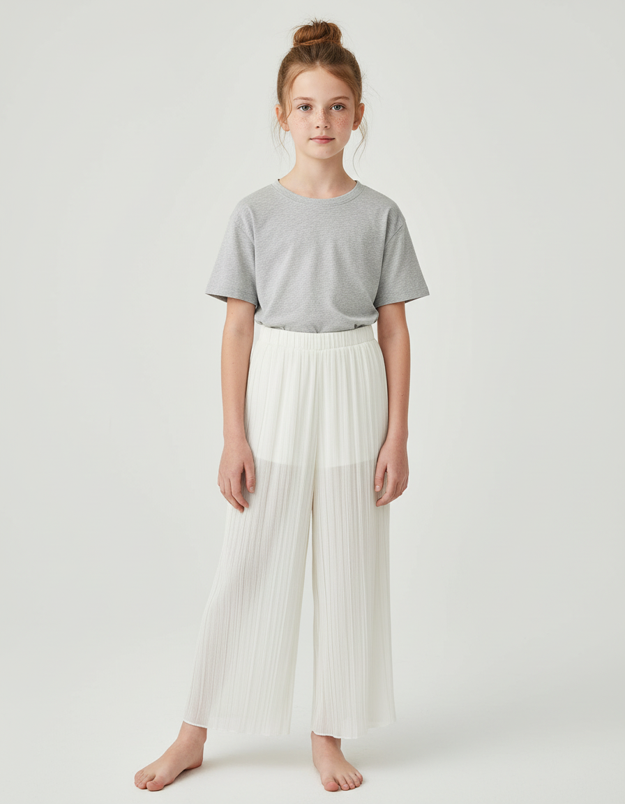 Pantalon Beige Plissé Ample Fluide Décontracté Fille - Blanc Polyester