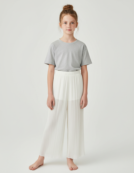 Pantalon Beige Plissé Ample Fluide Décontracté Fille - Blanc Polyester