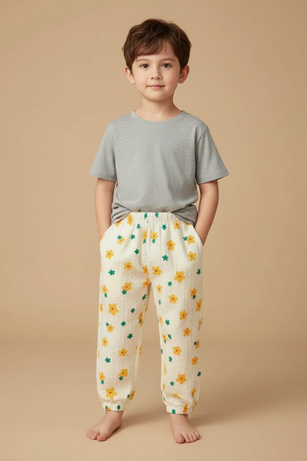Pantalon Beige Fleuri Ample Coton Enfant Décontracté