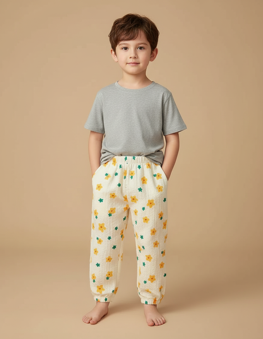 Pantalon Beige Fleuri Ample Coton Enfant Décontracté