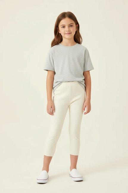 Pantalon Beige Côtelé Tricoté Capris Enfant Élastique - Maille