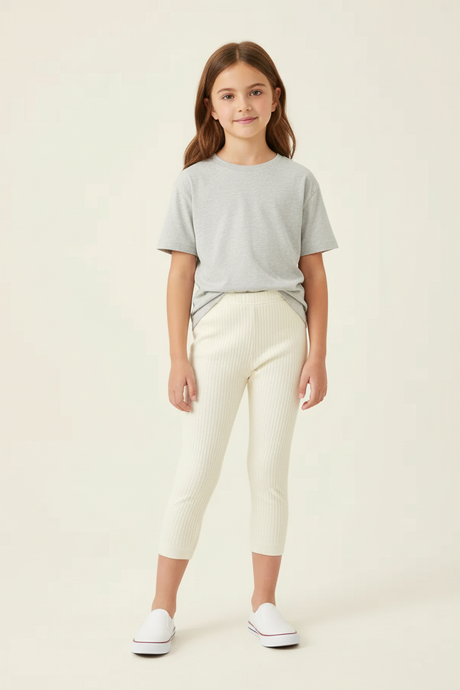 Pantalon Beige Côtelé Tricoté Capris Enfant Élastique - Maille