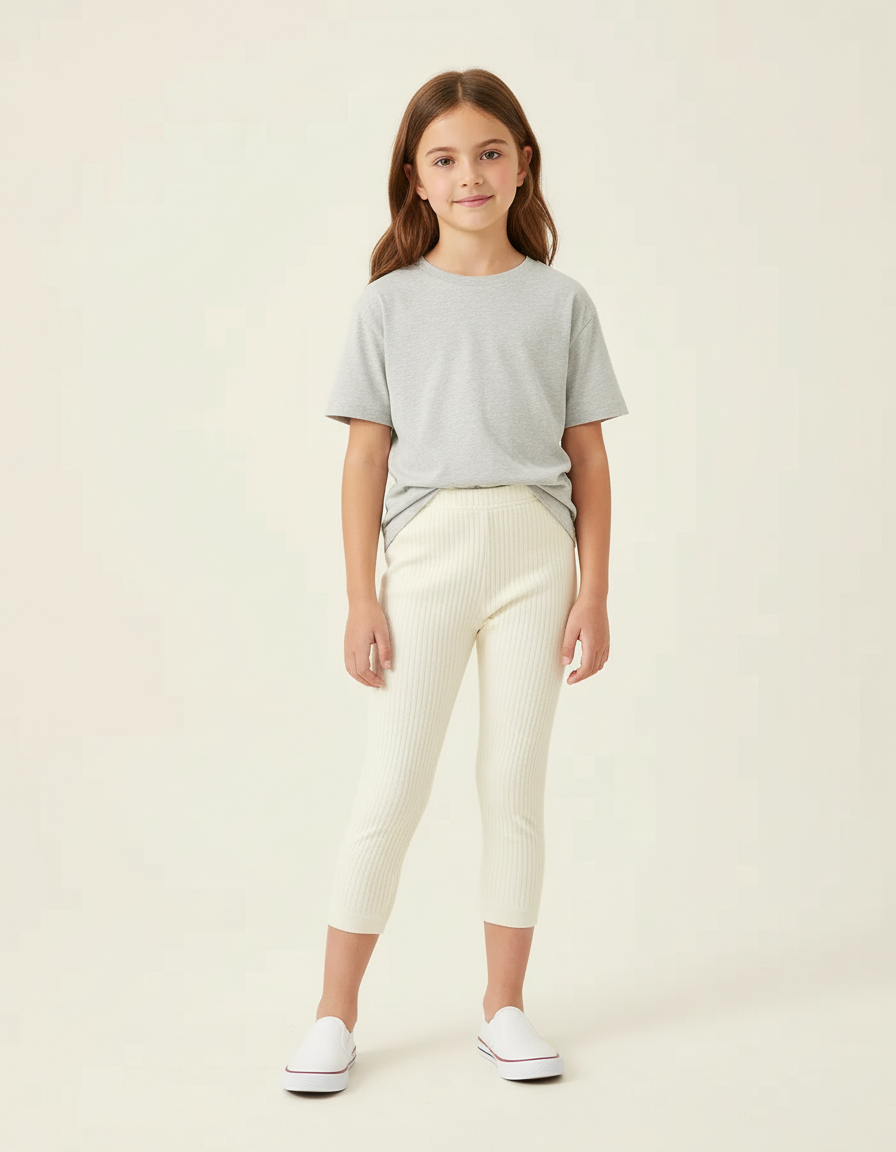 Pantalon Beige Côtelé Tricoté Capris Enfant Élastique - Maille