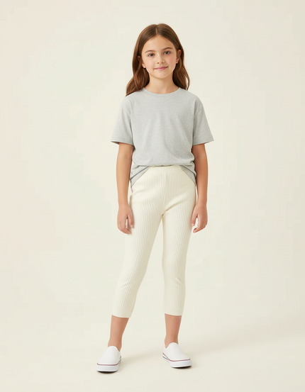 Pantalon Beige Côtelé Tricoté Capris Enfant Élastique - Maille