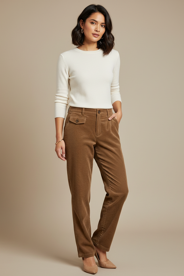 Pantalon Beige Côtelé Droit Taille Haute Élégant - Marron Cordé